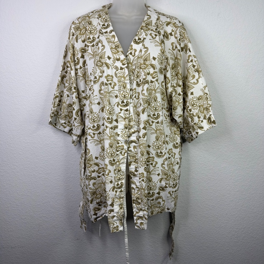 Yala Kimono Robe Womens S/M White Green Paisley‎ Floral Boho Earthy Artsy